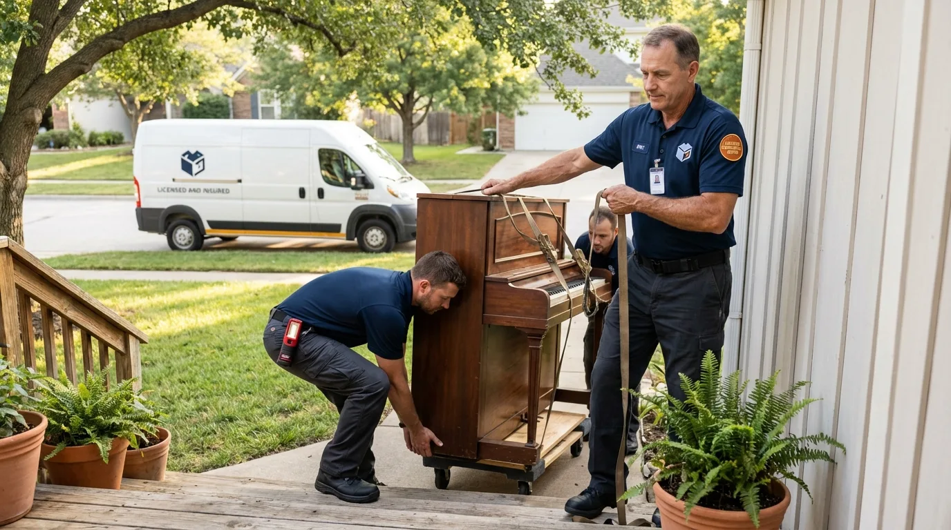 Licensed piano movers securing grand piano in Conway, SC