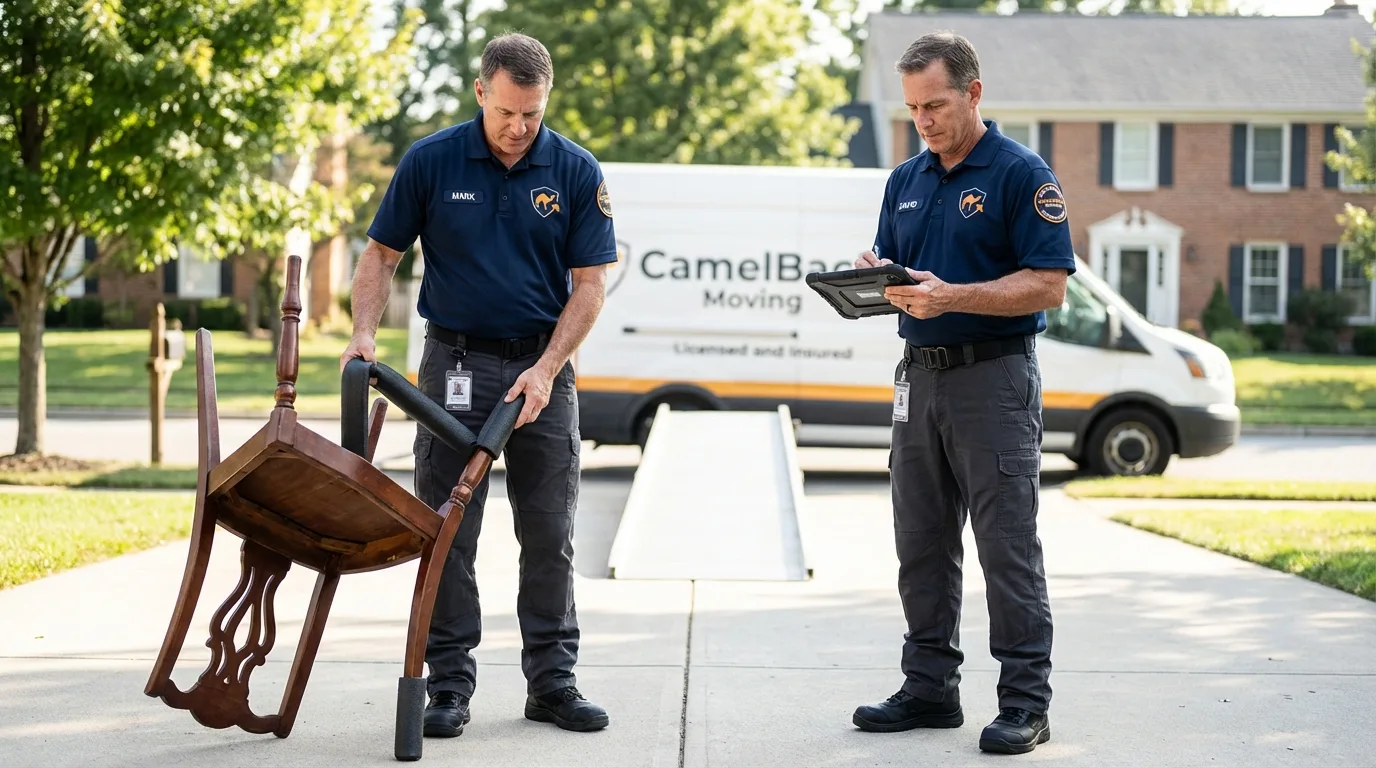 Movers inspecting furniture for damage prevention before loading in Conway, SC