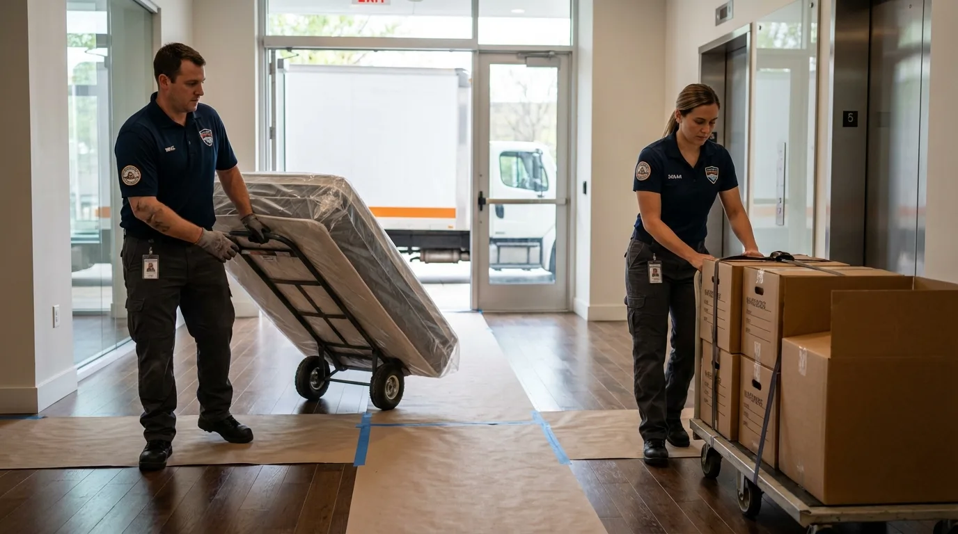 Professional apartment movers loading elevator in Conway, SC